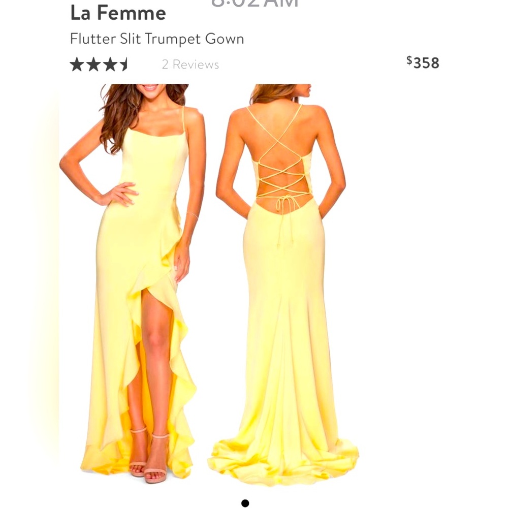 LA FEMME 28294 DRESS
Yellow flutter slit trumpet gown
Size 00
